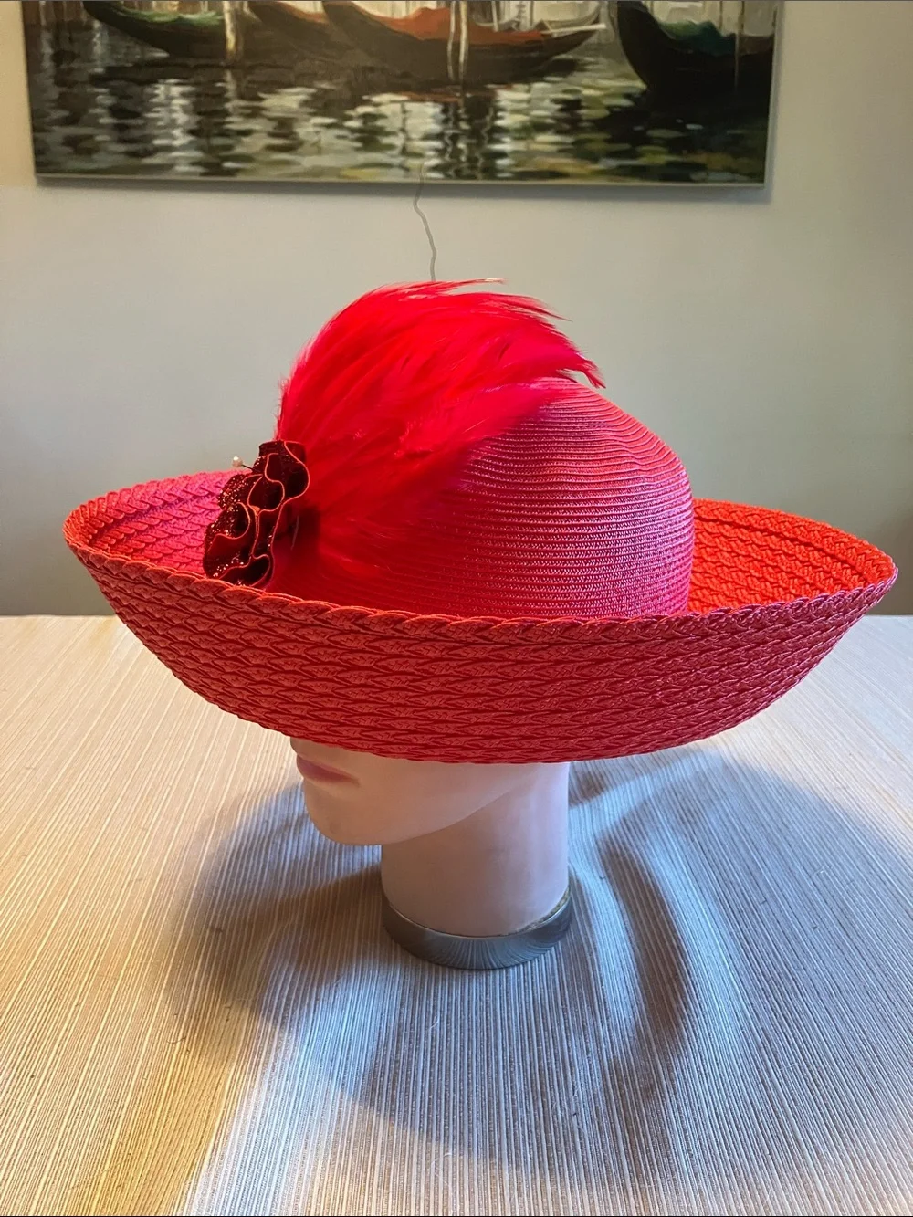 Elegant Women's Red Wide-Brim Straw Hat with Red Floral and Feather Accent
